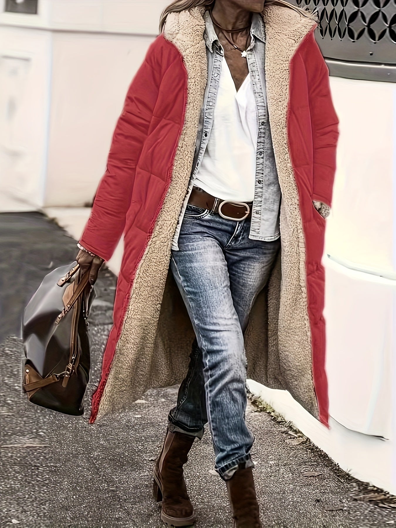Color Block Open Front Coat, Boho Zipper Long Sleeve Hooded Coat  For Fall & Winter, Women's Clothing