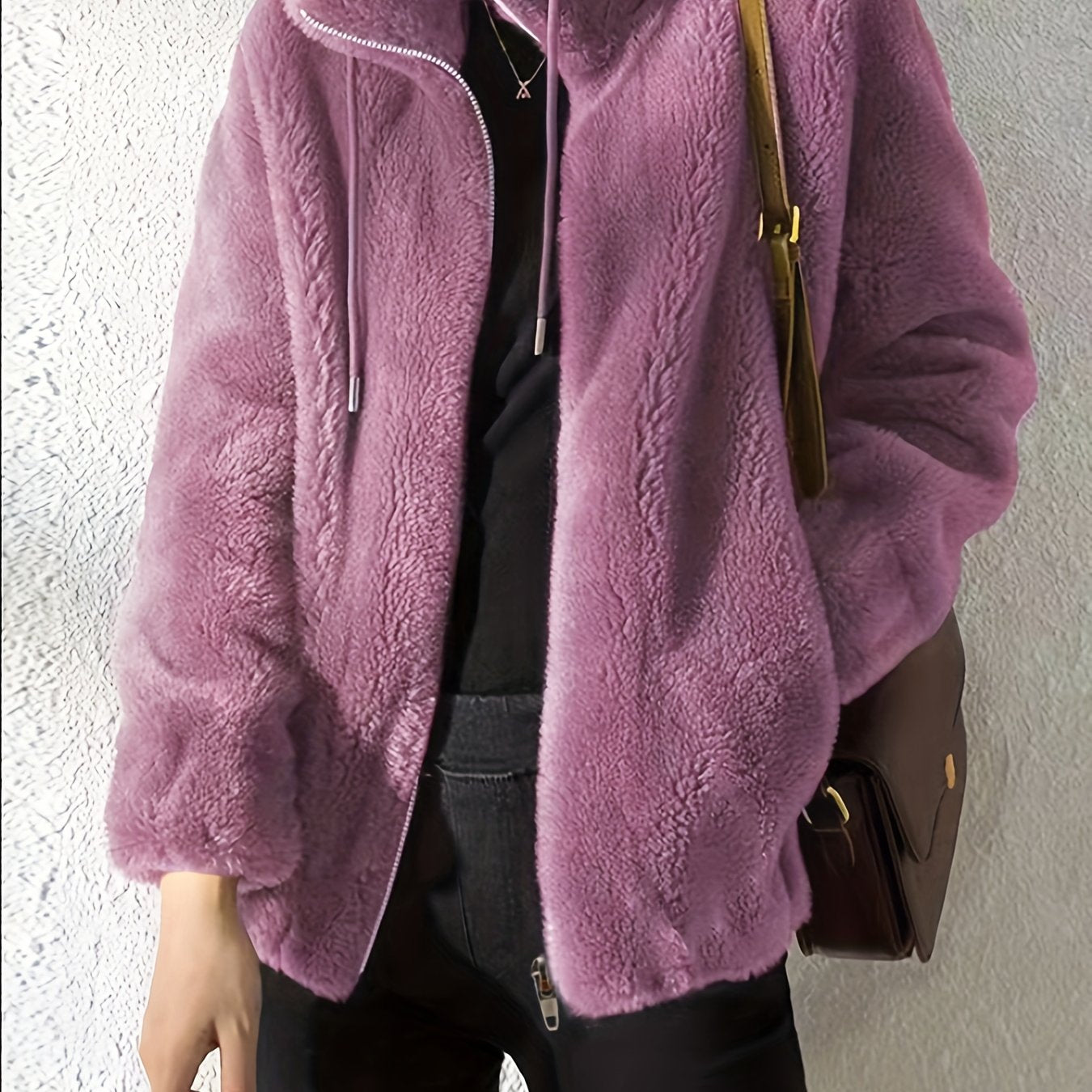Drawstring Teddy Coat, Casual Zip Up Long Sleeve Warm Outerwear, Women's Clothing
