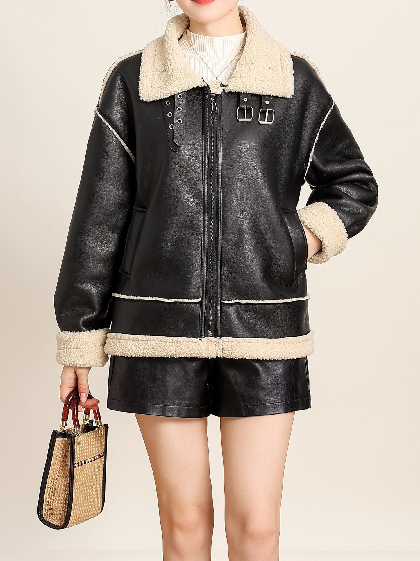 Fuzzy Trim Biker Jacket, Casual Zip Up Long Sleeve Winter Outerwear, Women's Clothing