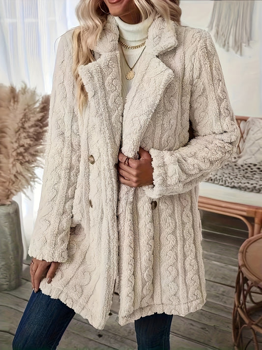Double-breasted Plush Textured Coat, Thermal Notched Collar Long Sleeve Teddy Bear Coat, Women's Clothing