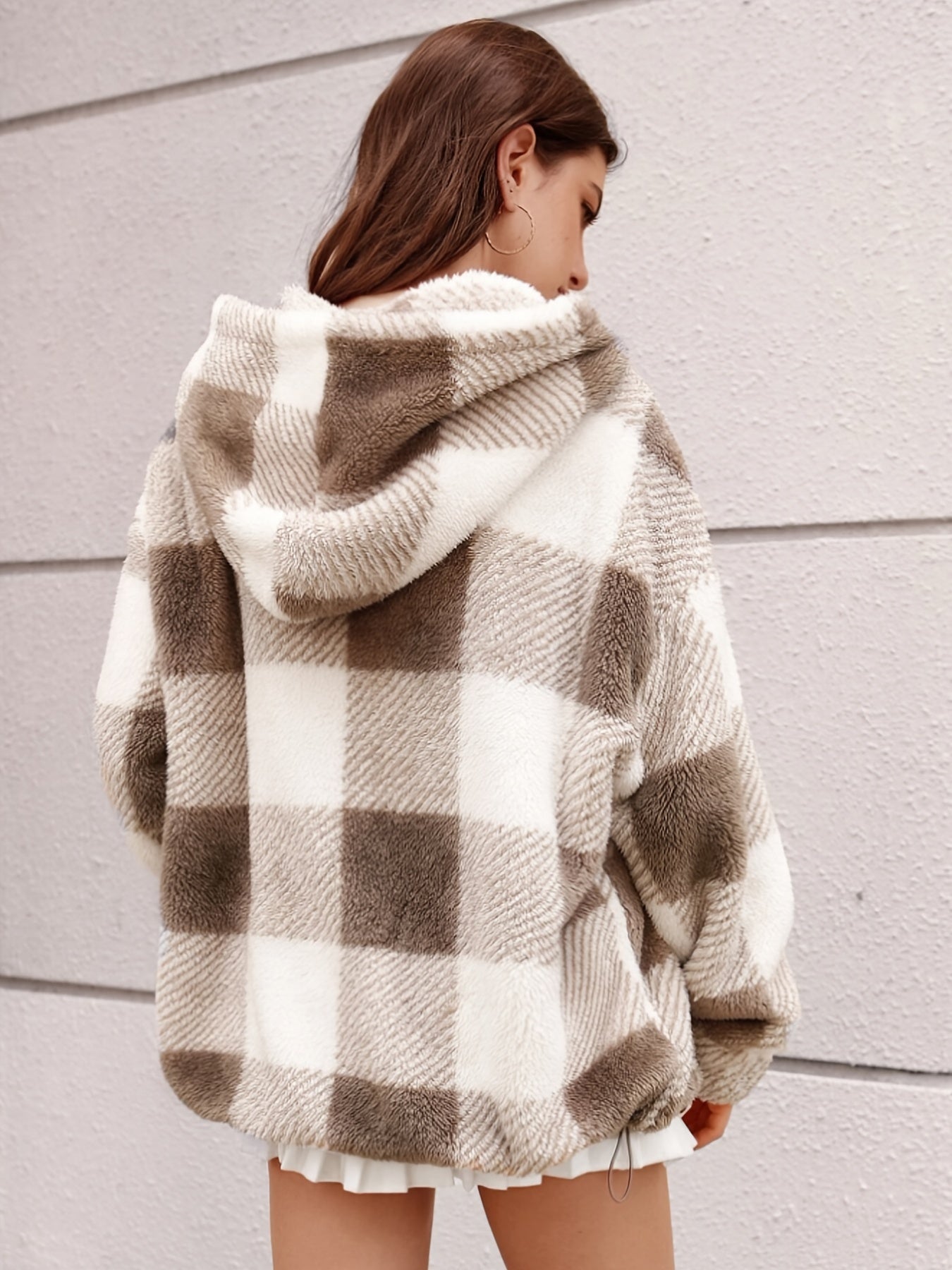 Plaid Hooded Teddy Coat, Elegant Zip Up Long Sleeve Winter Warm Outerwear, Women's Clothing