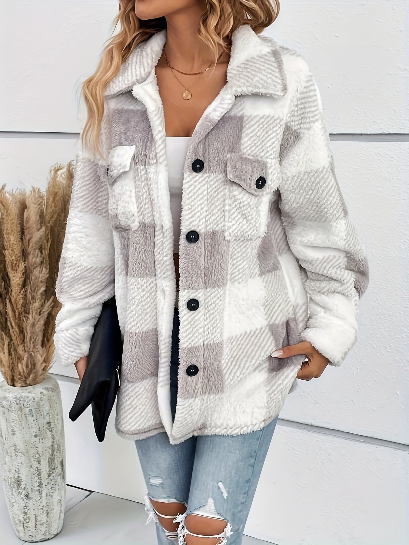 Plaid Fuzzy Fall & Winter Jacket, Casual Button Front Long Sleeve Outerwear, Women's Clothing