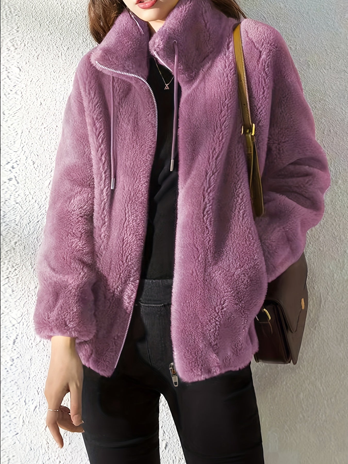 Drawstring Teddy Coat, Casual Zip Up Long Sleeve Warm Outerwear, Women's Clothing