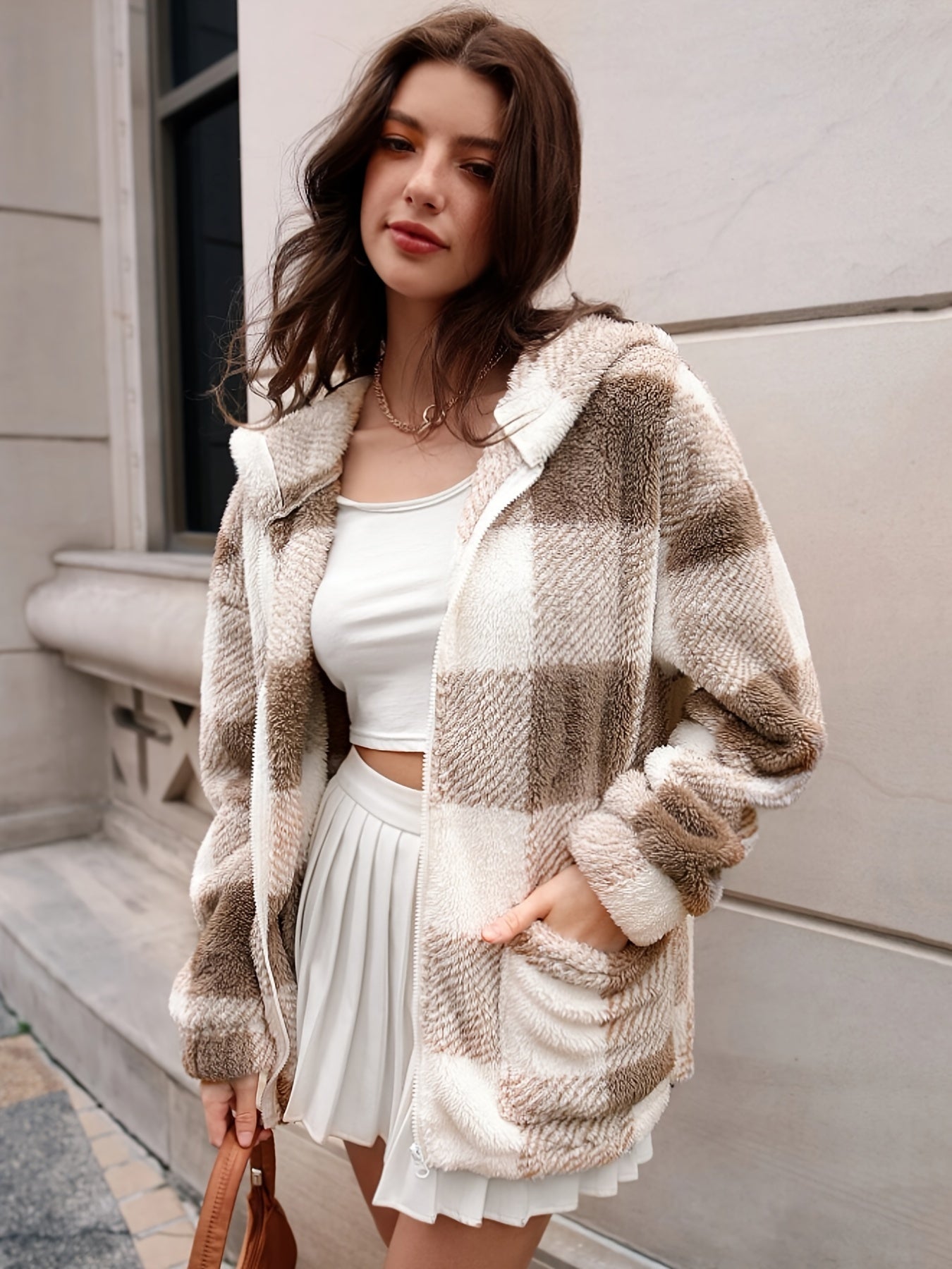 Plaid Hooded Teddy Coat, Elegant Zip Up Long Sleeve Winter Warm Outerwear, Women's Clothing